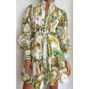 Aofur Women's Linen Blend High Neck Vintage Lace Dress sz XS